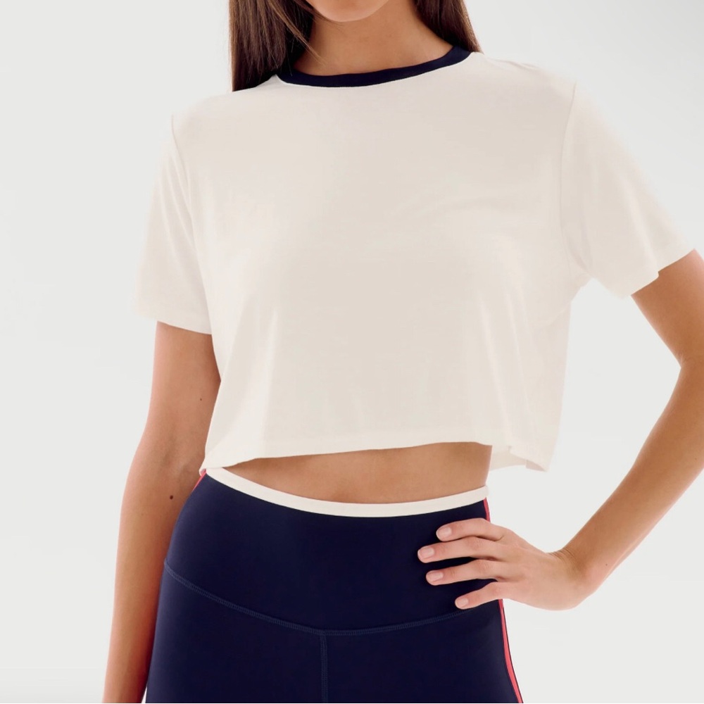 NWT Splits59 White and Navy Short Sleeve Crop Top DJUNA CROP RINGER